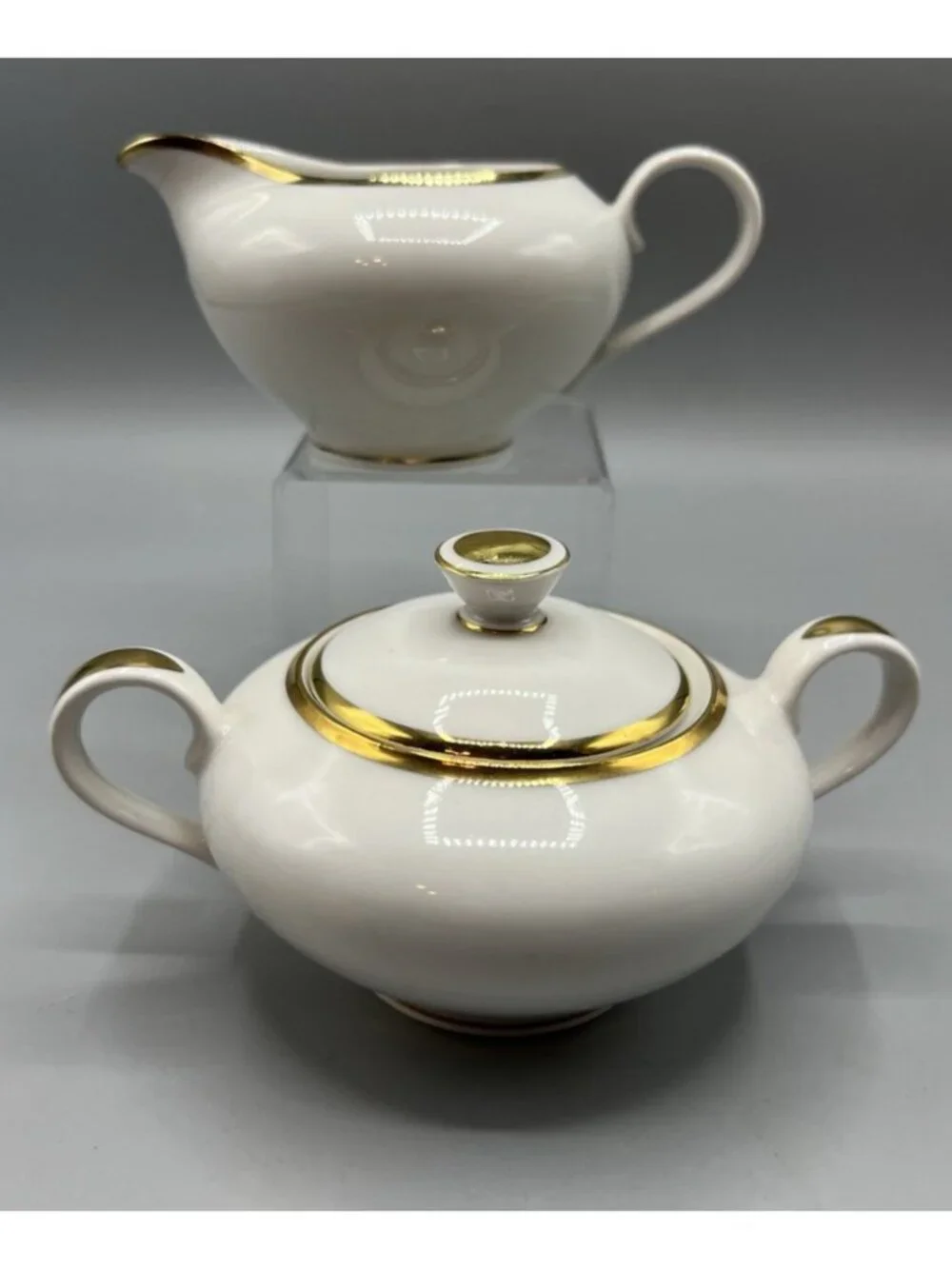 Bavarian Germany Sugar Bowl and Creamer Set 1960s White Gold Band Fine Dining